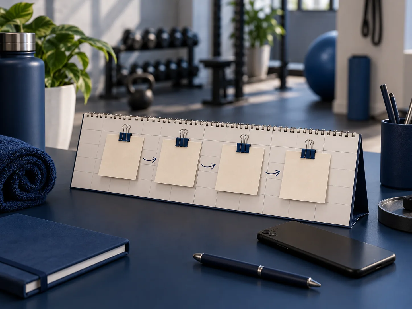 Calendário de mesa com cartões em sequência, representando etapas de cobrança